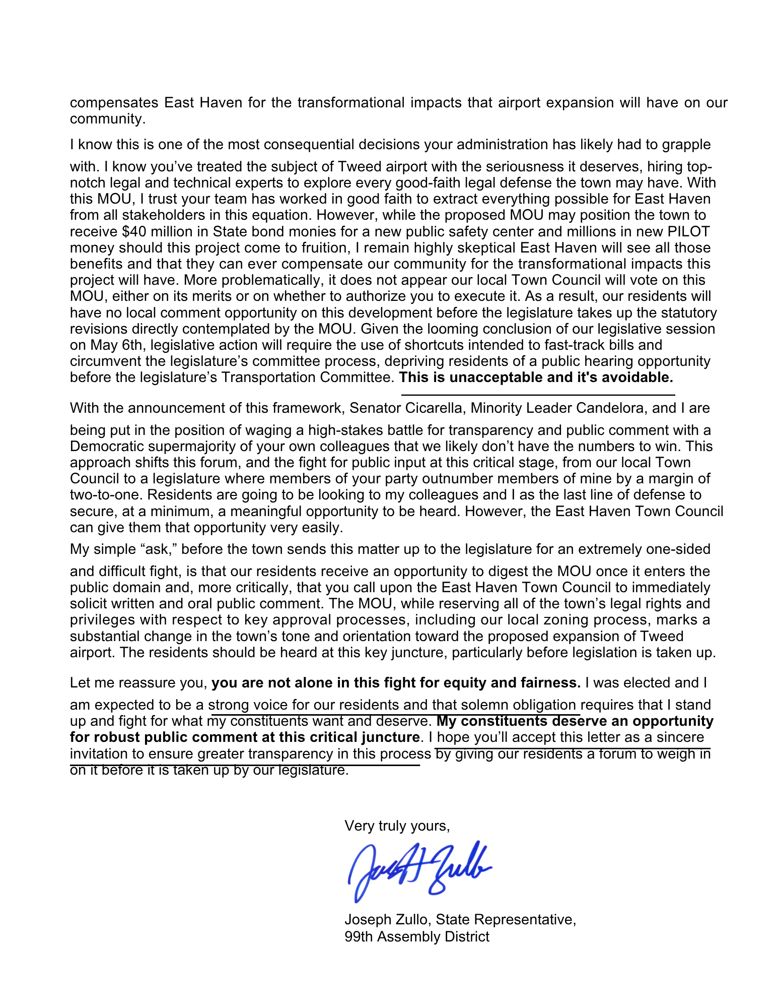 Letter from Rep. Zullo to the Mayor of New Haven regarding Tweed Airport development, Part 2.png